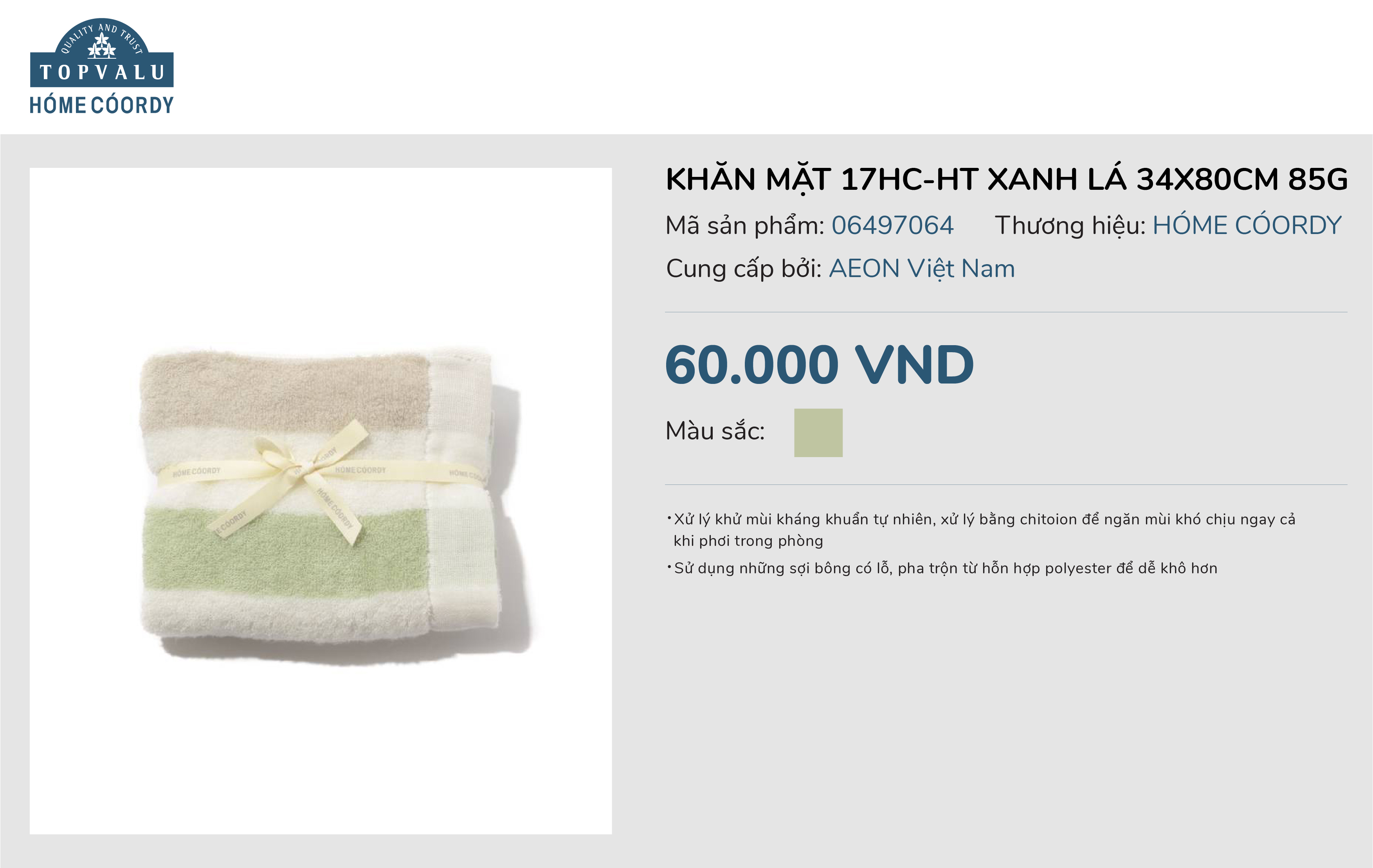 Khăn mặt 17hc-ht  xanh lá 34x80cm 85g