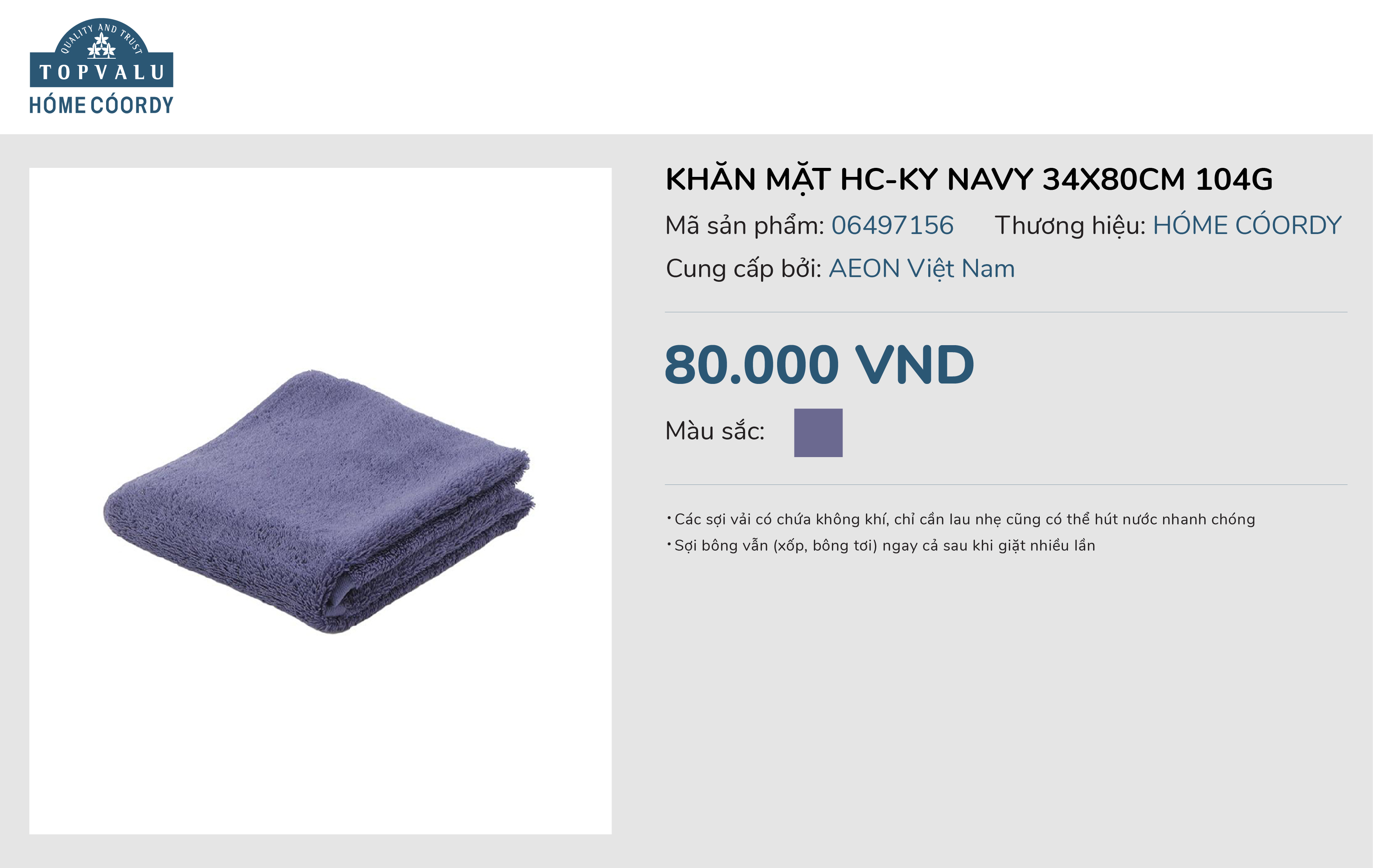 Khăn mặt hc-hy navy 34x80cm 104g