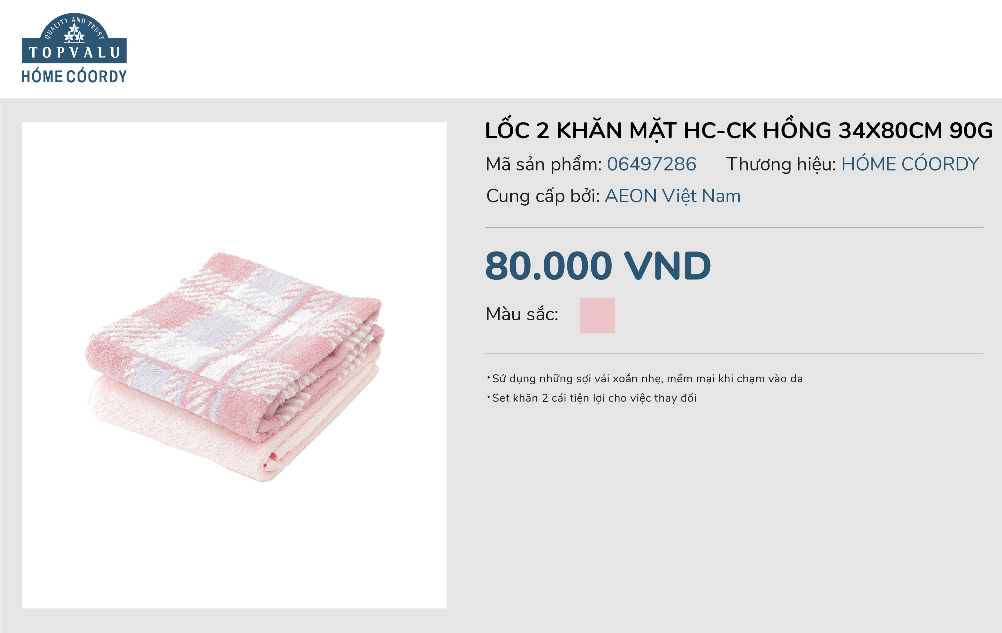 Lốc 2 khăn mặt hc-hk hồng 34x80cm 90g