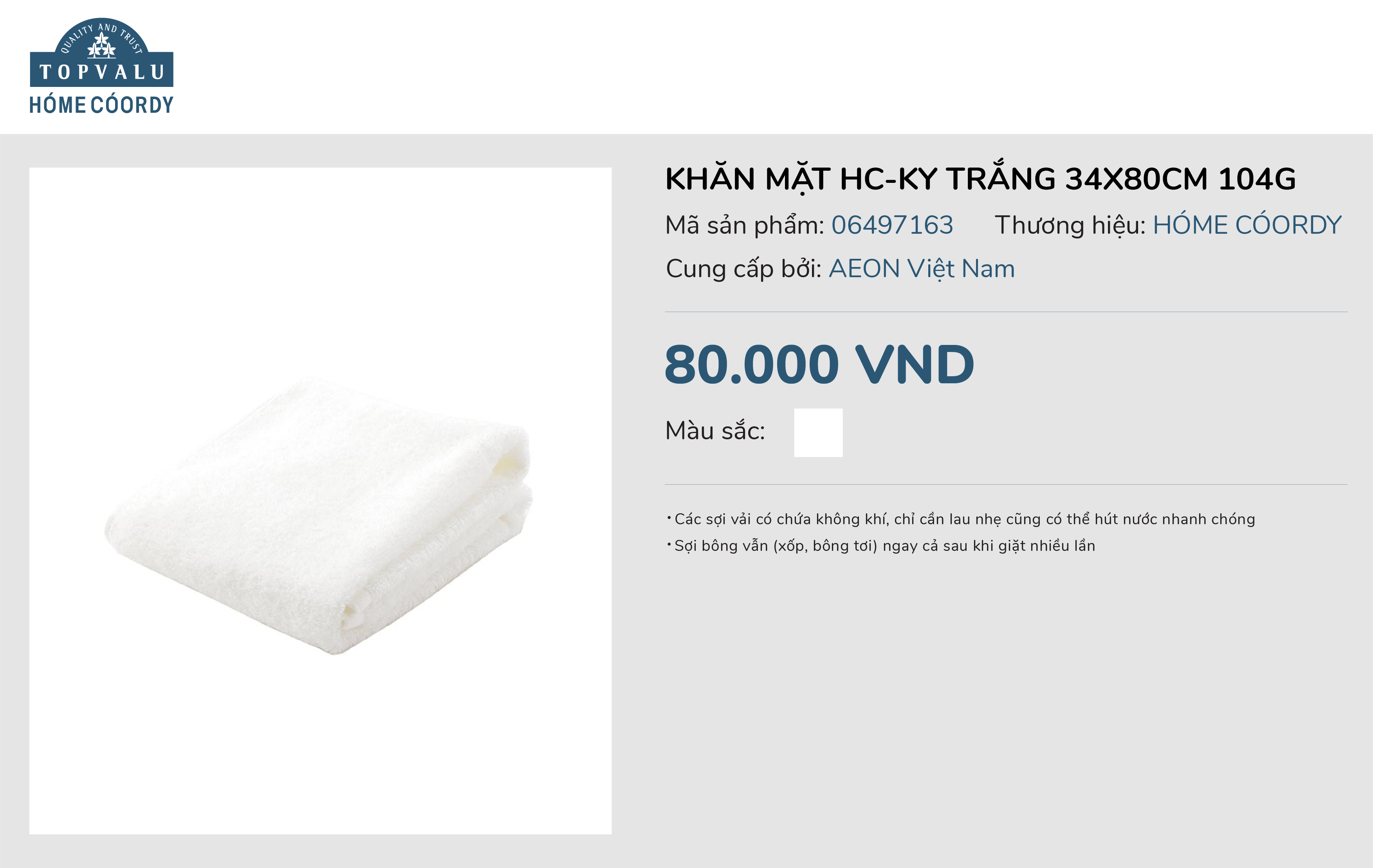 Khăn mặt hc-hy trắng 34x80cm 104g