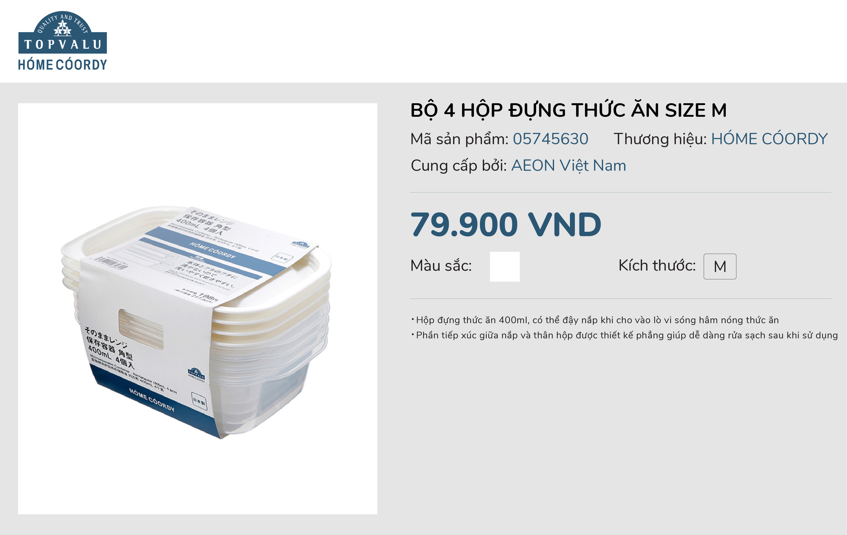 Bộ 4 hộp đựng thức ăn size M