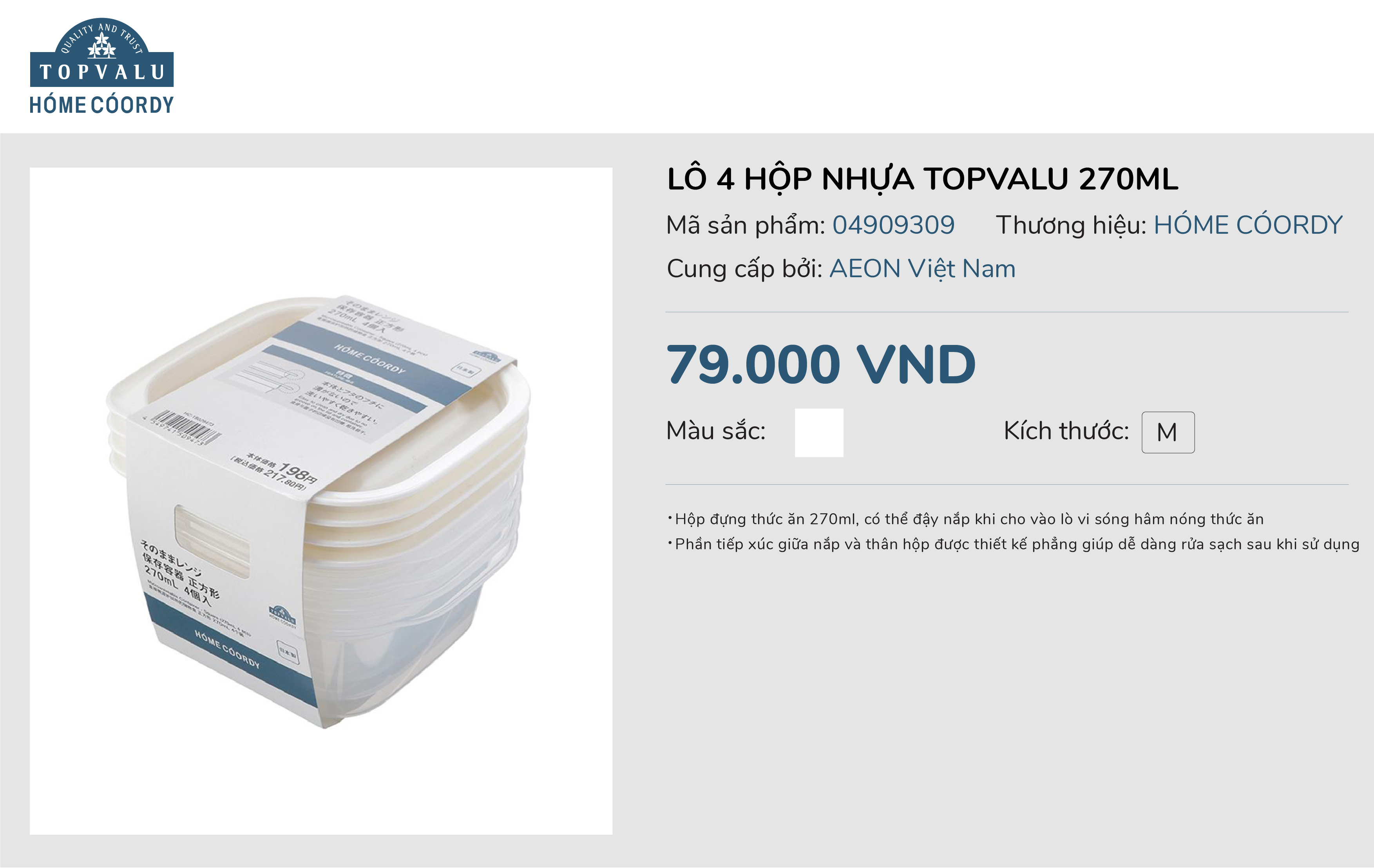 Lô 4 hộp nhựa topvalu 270ml