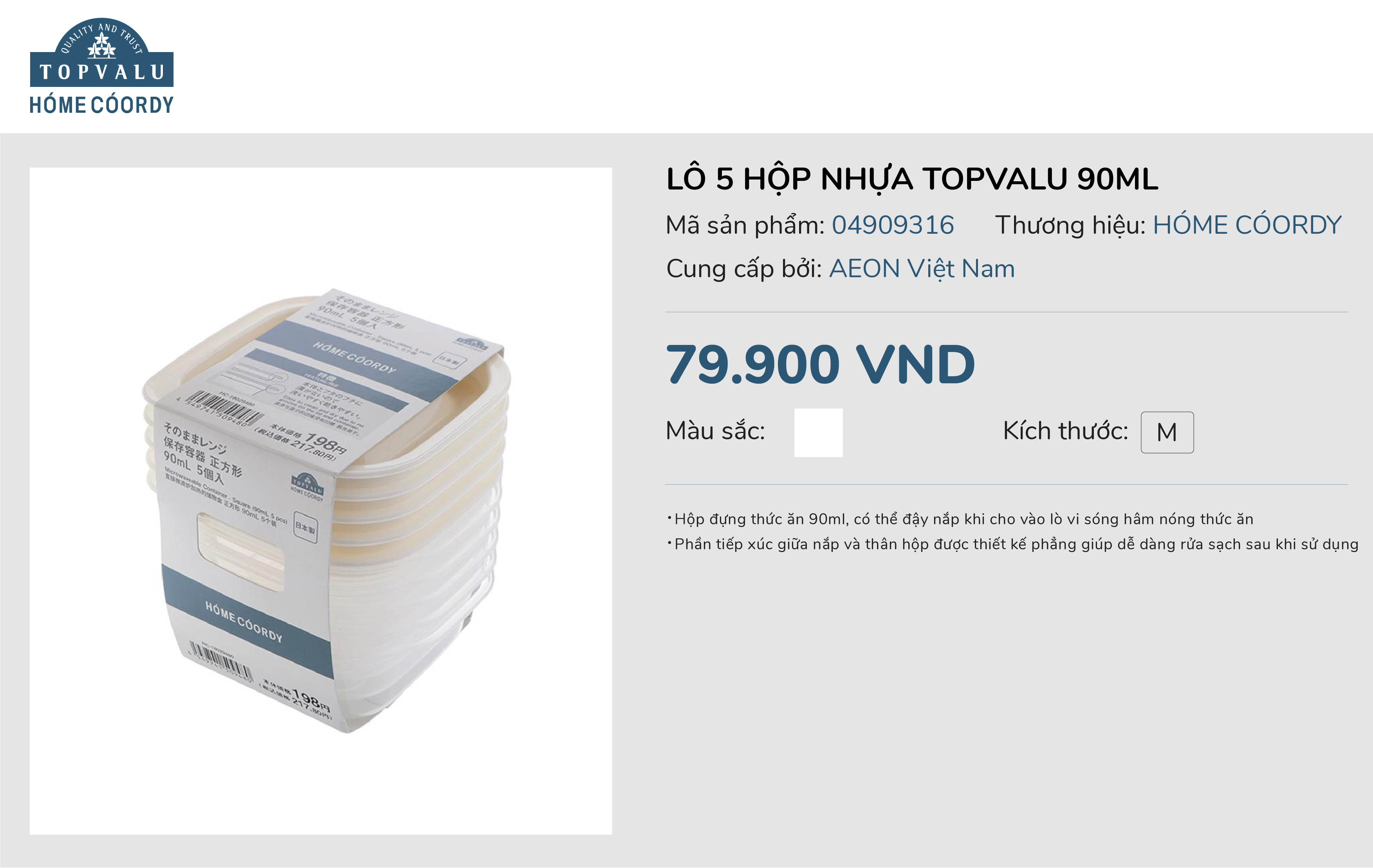 Lô 5 hộp nhựa topvalu 90ml