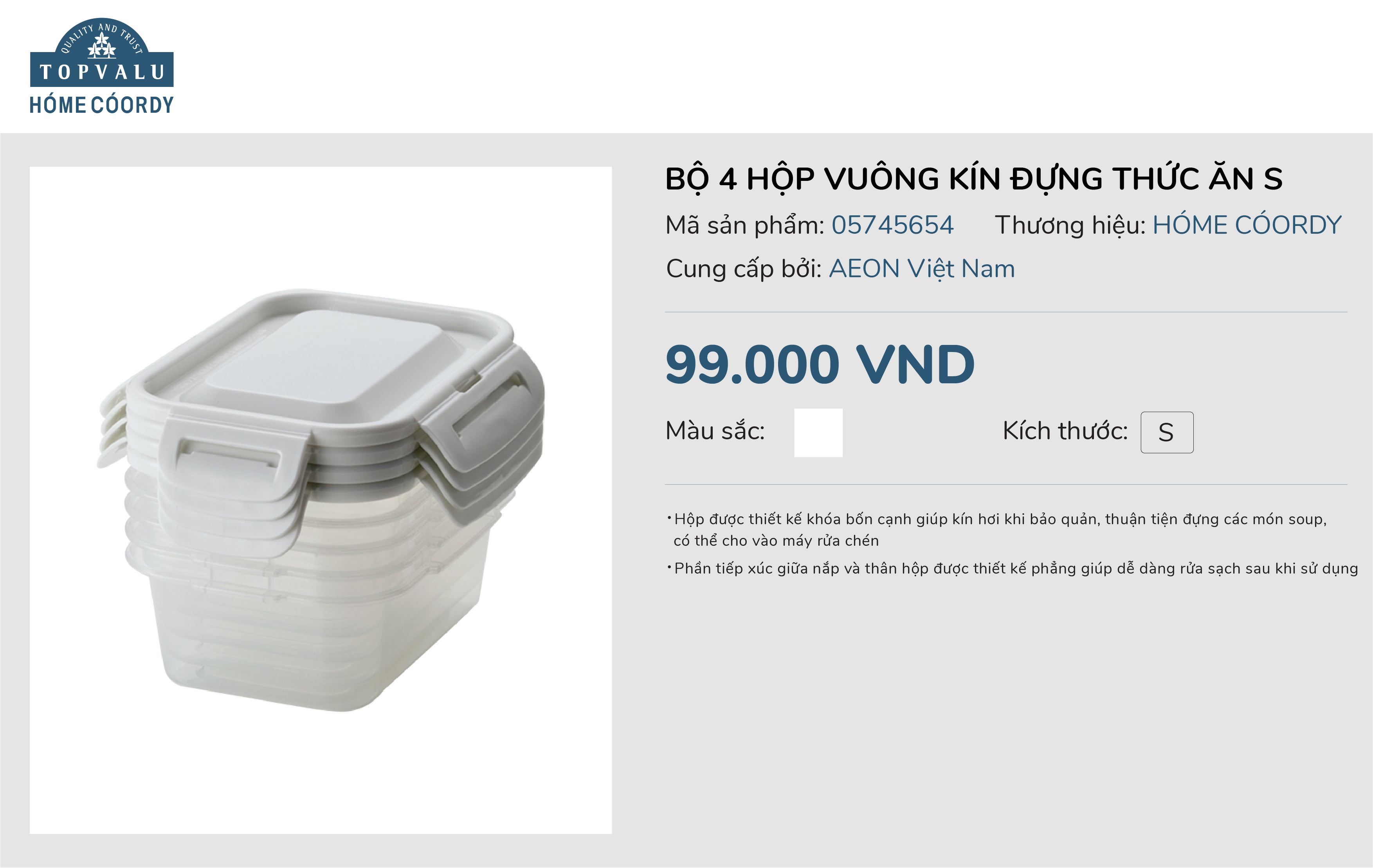 Bộ 4 hộp vuông kín đựng thức ăn size S