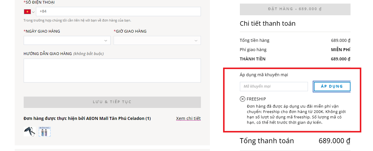 Khách hàng cần nhập mã giảm giá đã sưu tầm và thanh toán hoàn tất đơn hàng