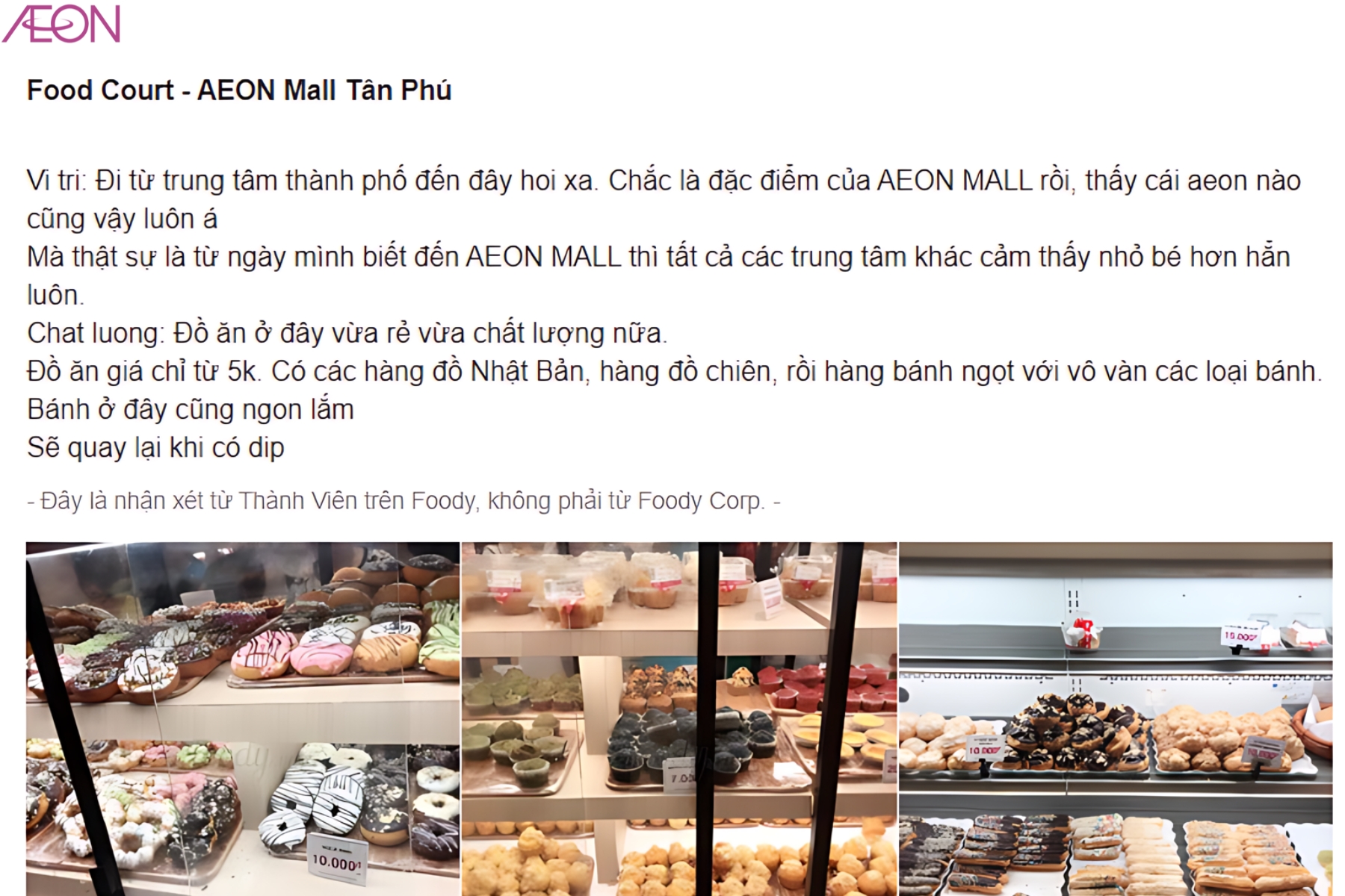 Quầy Bakery AEON phục vụ hơn 50 loại bánh mặn, ngọt mỗi ngày (Nguồn ảnh Foody)