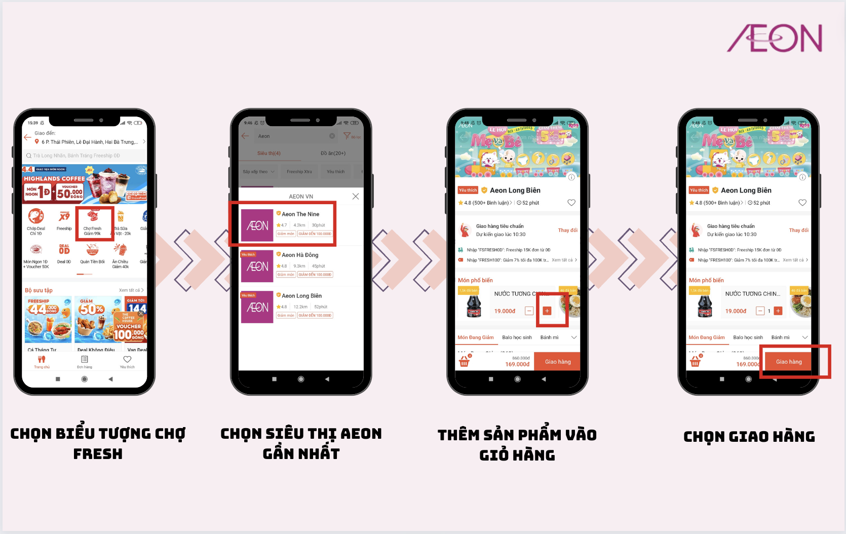 Quy trình 4 bước mua hàng trên ứng dụng AEONESHOP 