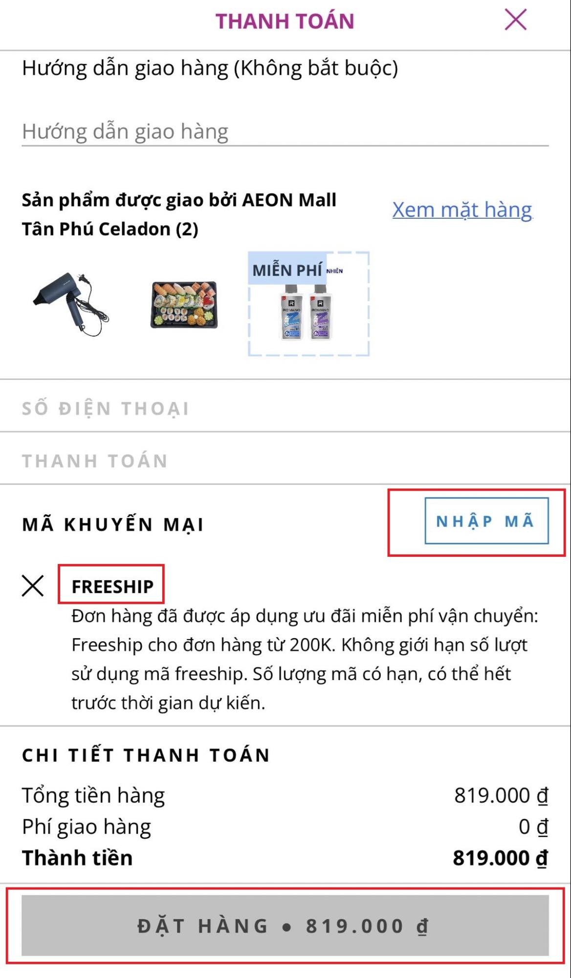Sau khi nhập mã giảm giá đã sưu tầm và kiểm tra lại hóa đơn, bạn có thể tiến hành thanh toán hoàn tất đơn hàng