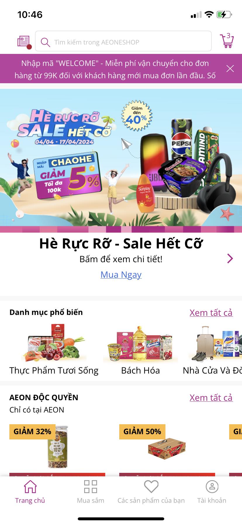 Tải và bật thông báo cho ứng dụng AEONESHOP để nhận được thông tin ưu đãi sớm nhất