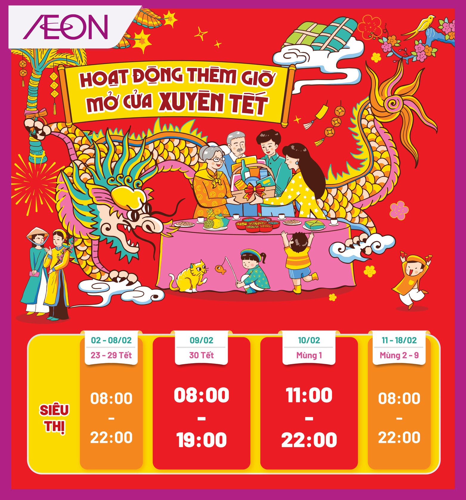 TTBHTH & Siêu thị AEON cập nhật lại giờ hoạt động, mở cửa xuyên Tết trong dịp lễ Giáp Thìn 2024