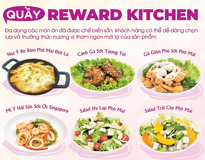 Khách hàng có thể dễ dàng chọn lựa và thưởng thức các món ăn được chế biến sẵn với hương vị tươi ngon ngay tại siêu thị AEON