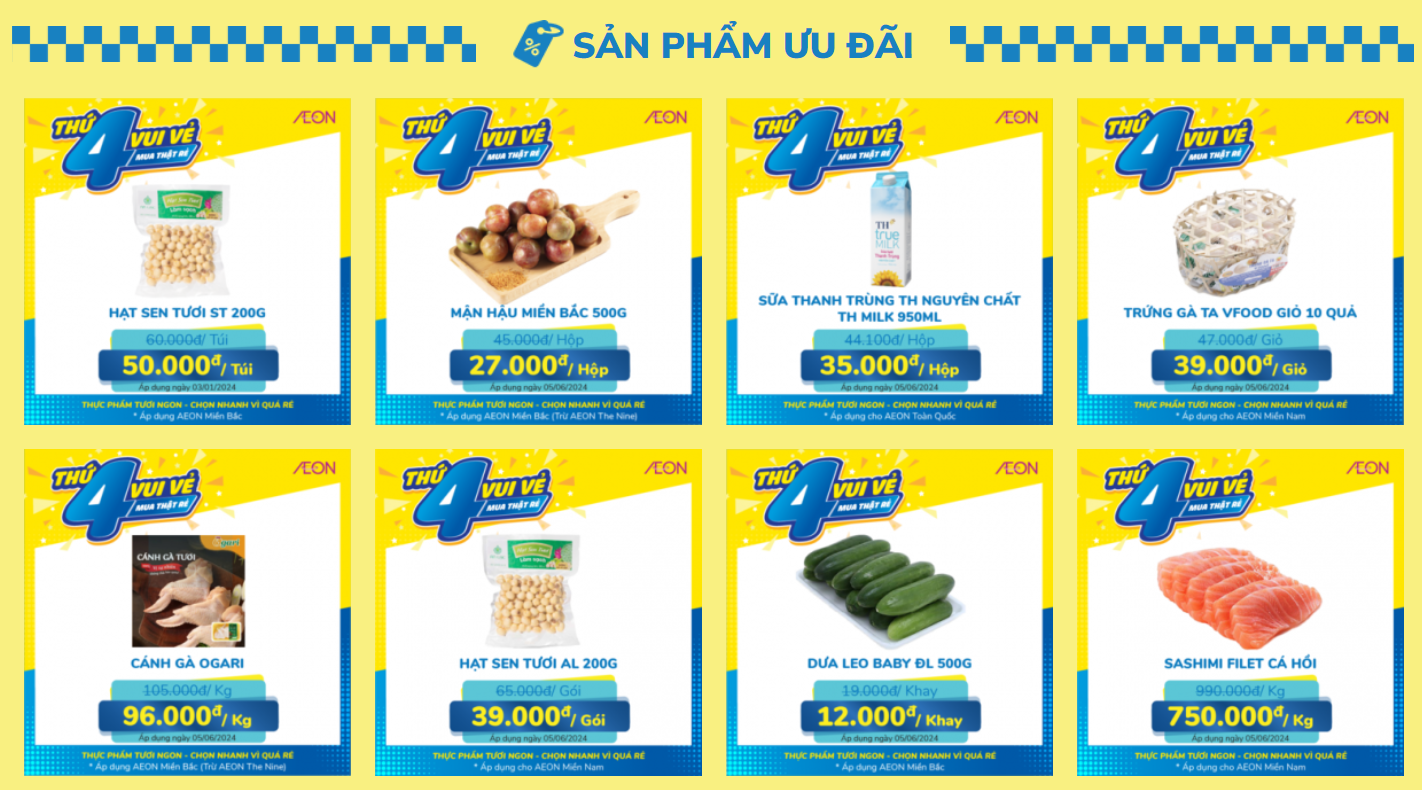 Những mặt hàng áp dụng chương trình khuyến mãi “Thứ 4 vui vẻ” tại siêu thị AEON